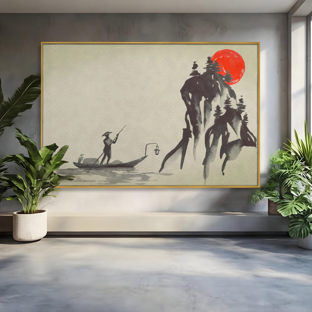 Tablou canvas cu pictura minimalista cu pescar si soare rosu, in rama de aluminiu auriu
